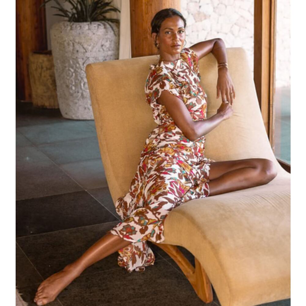 Cleobella Cecilia Shea Abstract Floral Ruched Front Slit Maxi Dress Size Small - Picture 3 of 9